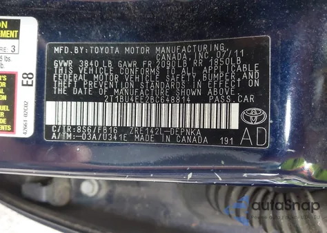 2011 Toyota Corolla Le from USA, damaged, VIN 2T1BU4EE2BC648814